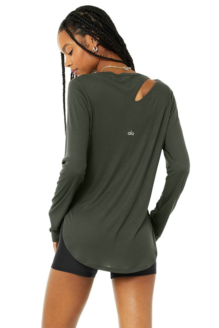 Long Sleeve Alo Yoga Ribbed Peak Damskie Ciemny Zielone | VMQYE7264