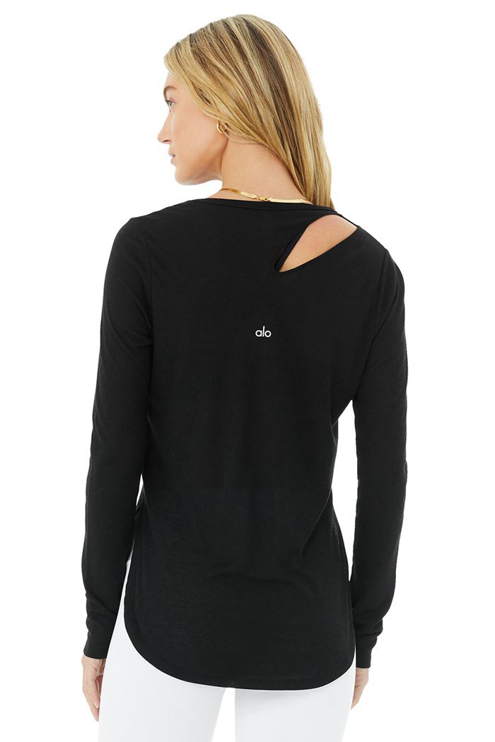 Long Sleeve Alo Yoga Ribbed Peak Damskie Czarne | YEKXB0724