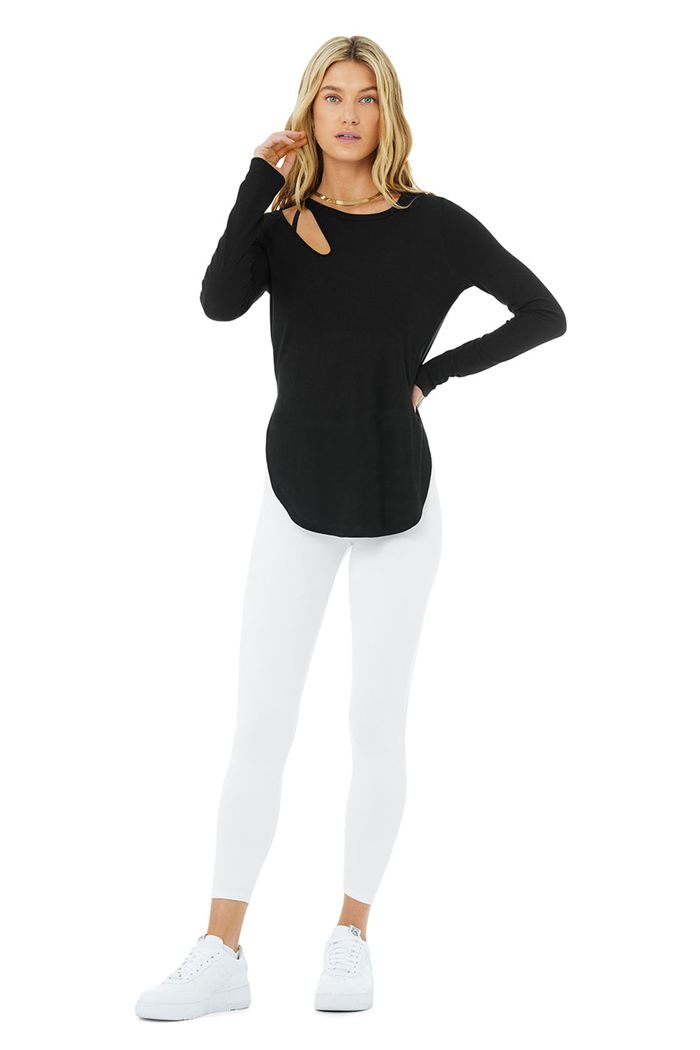 Long Sleeve Alo Yoga Ribbed Peak Damskie Czarne | YEKXB0724