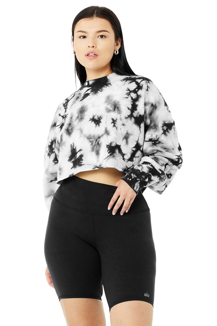 Long Sleeve Alo Yoga Tie-Dye Extreme Crop Crew Neck Damskie Czarne Białe | GTVMA5846