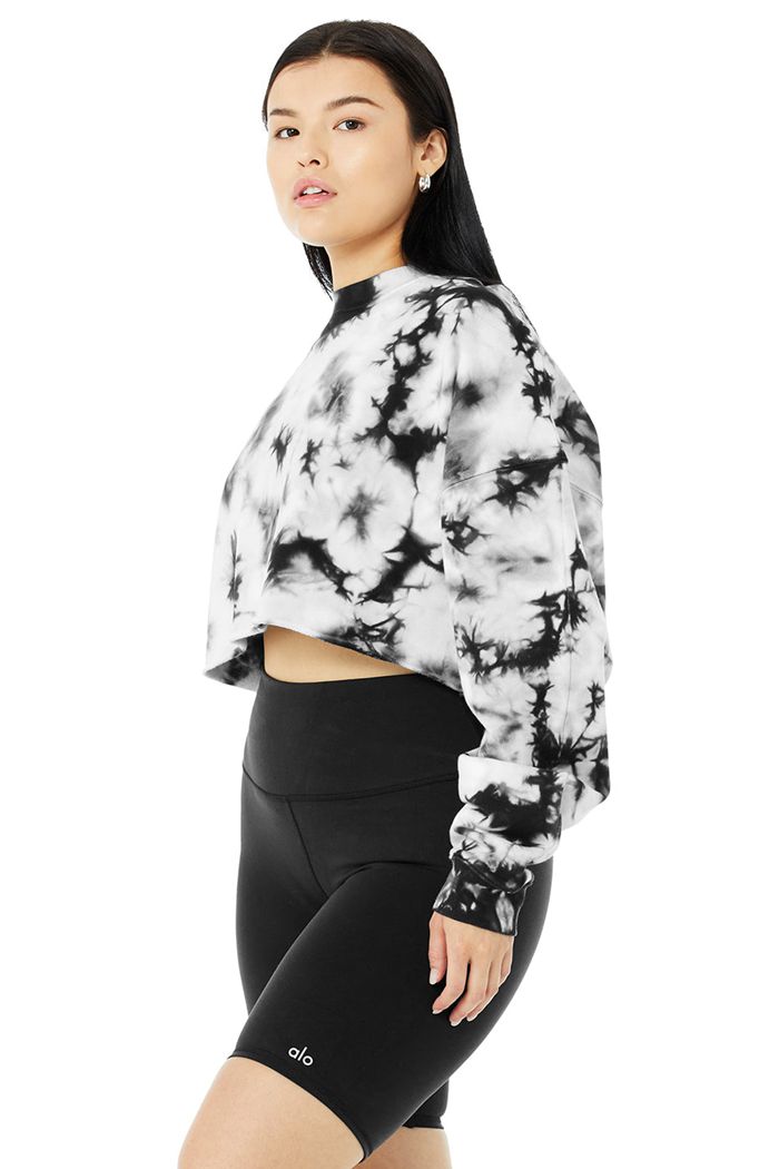 Long Sleeve Alo Yoga Tie-Dye Extreme Crop Crew Neck Damskie Czarne Białe | GTVMA5846