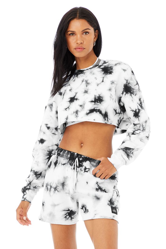 Long Sleeve Alo Yoga Tie-Dye Extreme Crop Crew Neck Damskie Czarne Białe | GTVMA5846