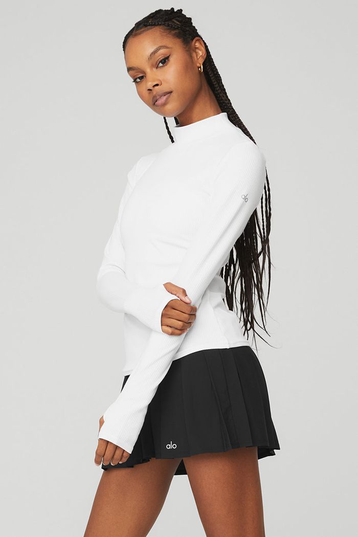 Long Sleeve Alo Yoga Wellness Rib Mock Neck Damskie Białe | NZAHK7820