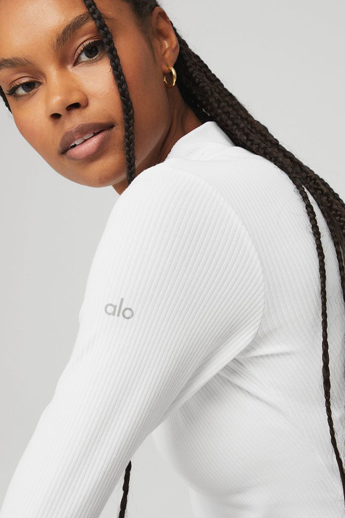 Long Sleeve Alo Yoga Wellness Rib Mock Neck Damskie Białe | NZAHK7820