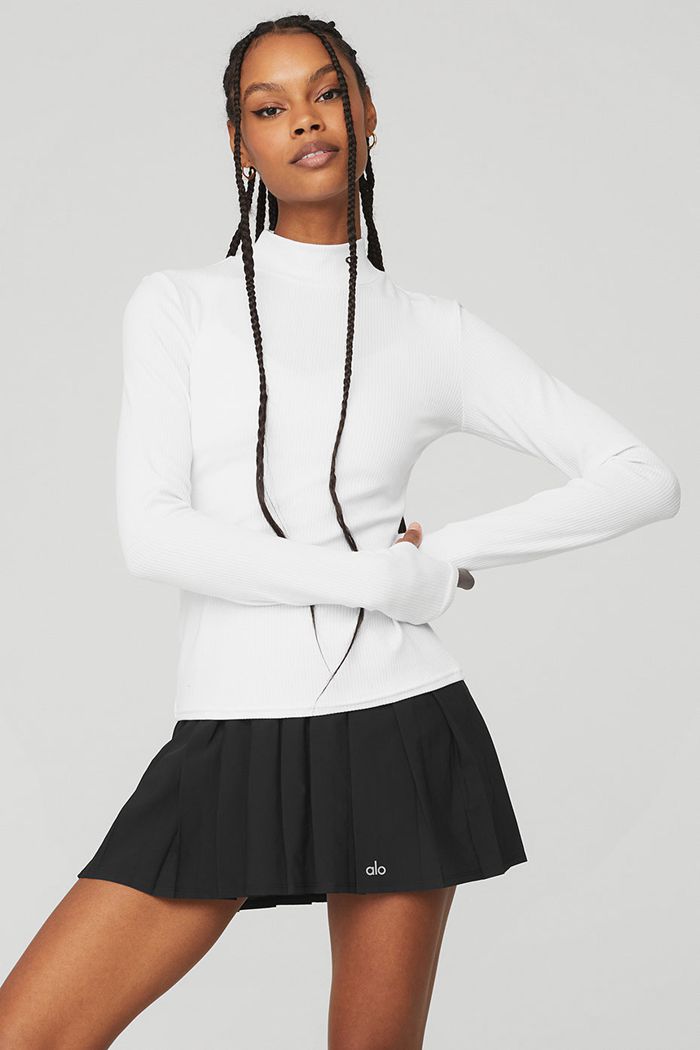 Long Sleeve Alo Yoga Wellness Rib Mock Neck Damskie Białe | NZAHK7820