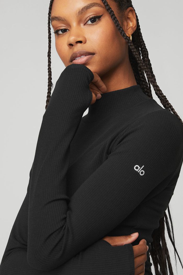 Long Sleeve Alo Yoga Wellness Rib Mock Neck Damskie Czarne | XAQBN4360