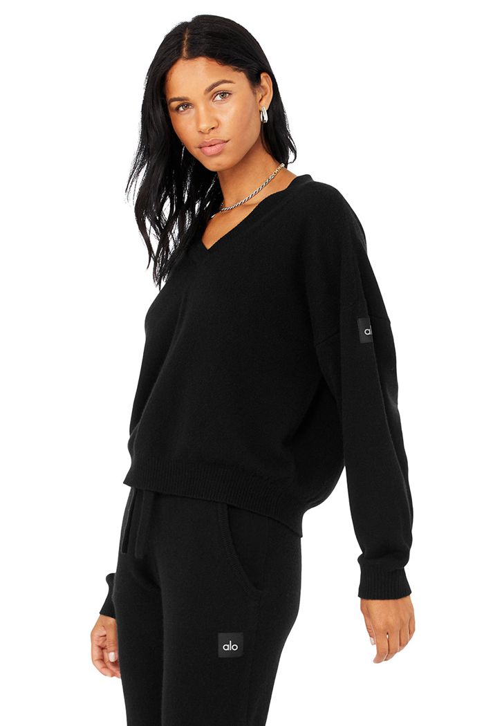 Pulowery Alo Yoga Cashmere Jet Set V-Neck Damskie Czarne | EJWRD3718