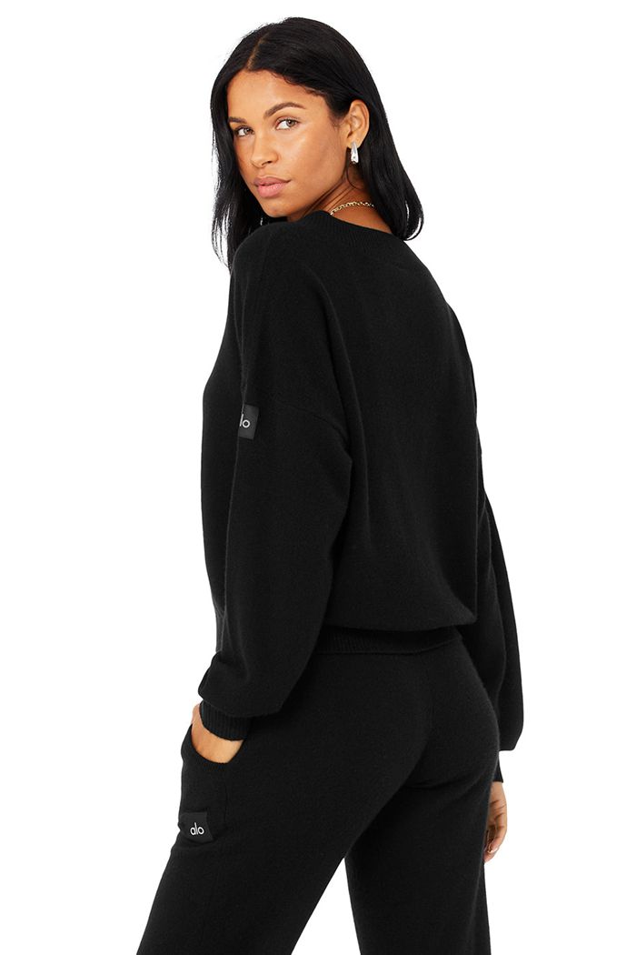 Pulowery Alo Yoga Cashmere Jet Set V-Neck Damskie Czarne | EJWRD3718