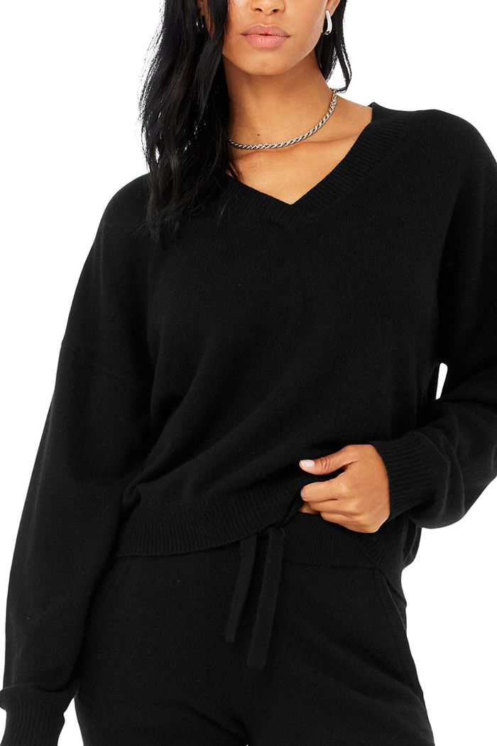 Pulowery Alo Yoga Cashmere Jet Set V-Neck Damskie Czarne | EJWRD3718