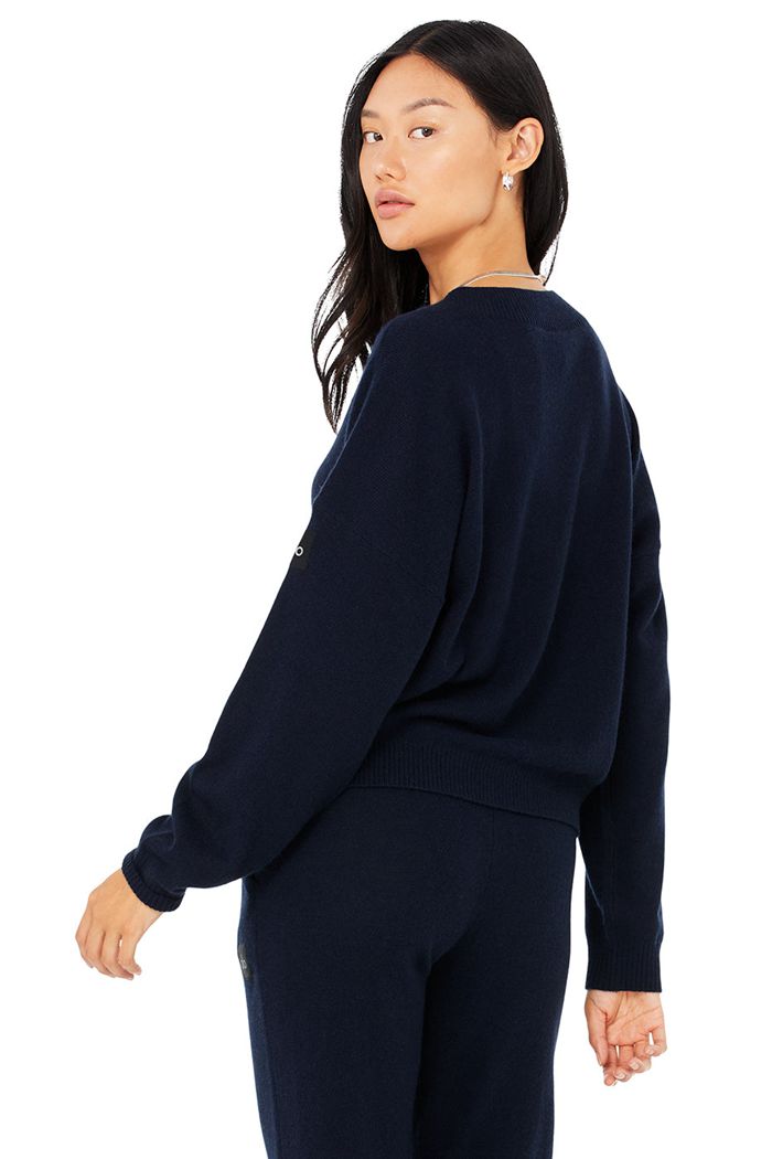 Pulowery Alo Yoga Cashmere Jet Set V-Neck Damskie Granatowe | FENSY8307