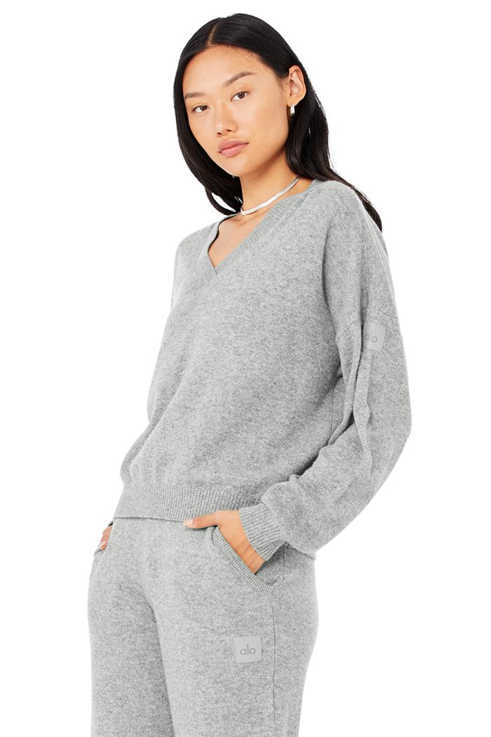 Pulowery Alo Yoga Cashmere Jet Set V-Neck Damskie Szare | KDBAM0439