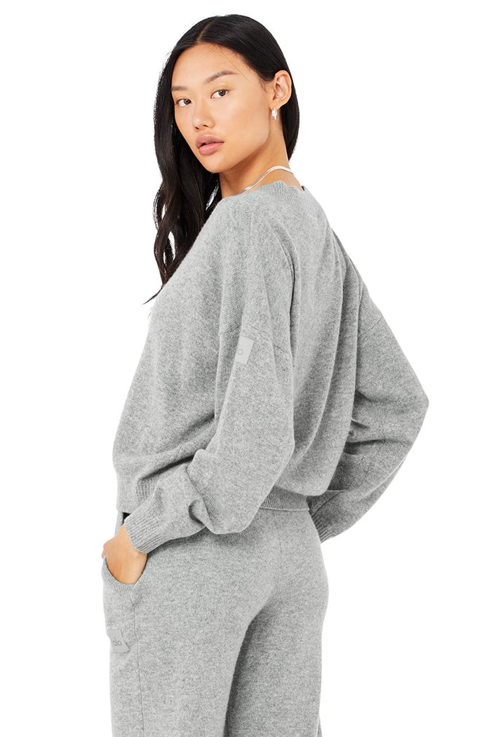 Pulowery Alo Yoga Cashmere Jet Set V-Neck Damskie Szare | KDBAM0439