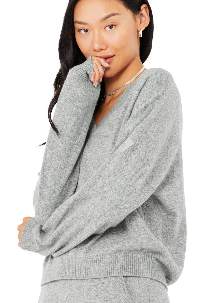 Pulowery Alo Yoga Cashmere Jet Set V-Neck Damskie Szare | KDBAM0439