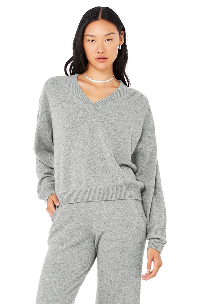 Pulowery Alo Yoga Cashmere Jet Set V-Neck Damskie Szare | KDBAM0439