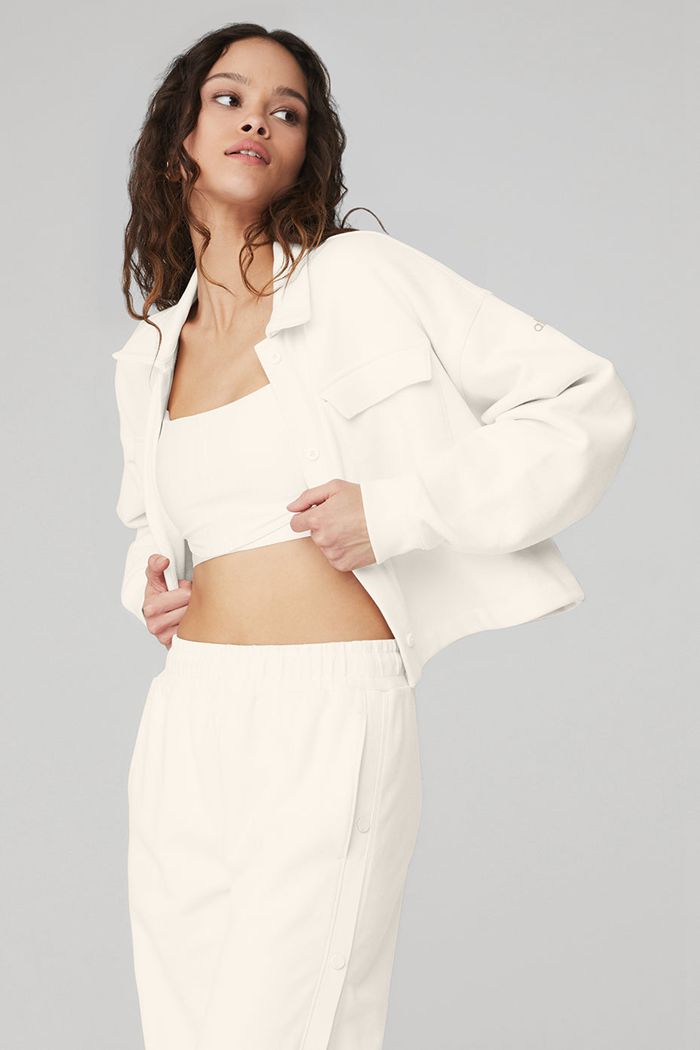 Pulowery Alo Yoga Renown Cropped Button-Up Damskie Białe | WVDAO1293