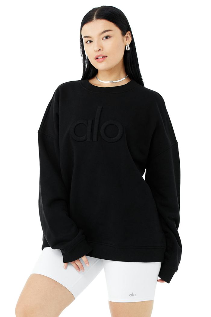 Pulowery Alo Yoga Renown Heavy Weight Emblem Crew Neck Damskie Czarne | MBQSX3416