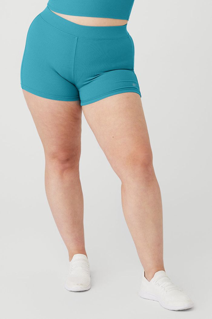 Short Alo Yoga Goddess Ribbed High-Stanem Hot Damskie Niebieskie | BHQKA5871