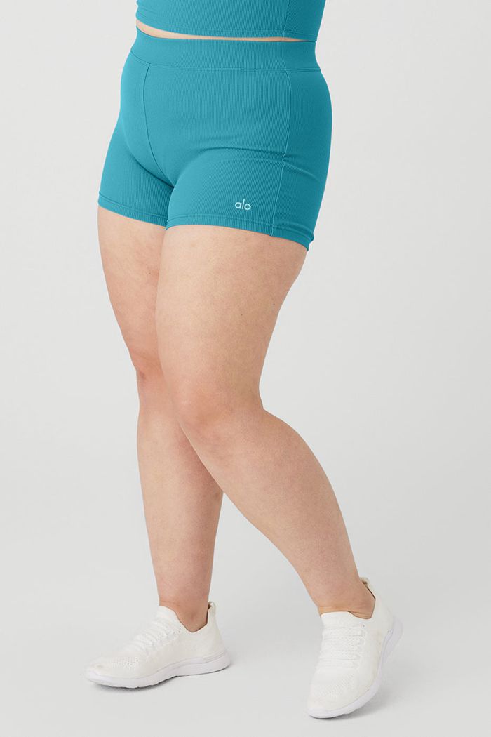 Short Alo Yoga Goddess Ribbed High-Stanem Hot Damskie Niebieskie | BHQKA5871