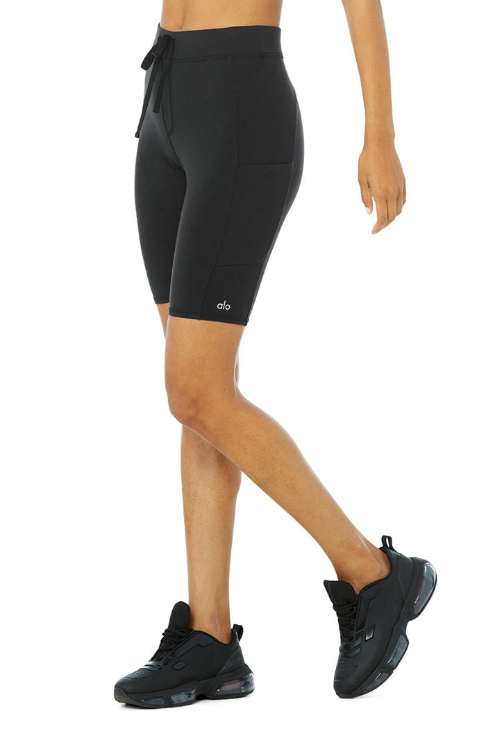 Short Alo Yoga High-Stanem Checkpoint Motocyklowe Damskie Czarne | BUGJF0624