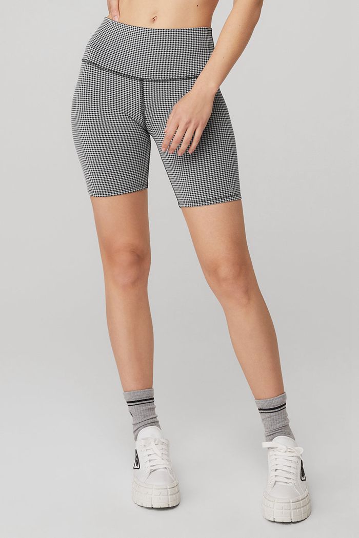 Short Alo Yoga High-Stanem Micro Houndstooth Motocyklowe Damskie Białe | WMSIA6387