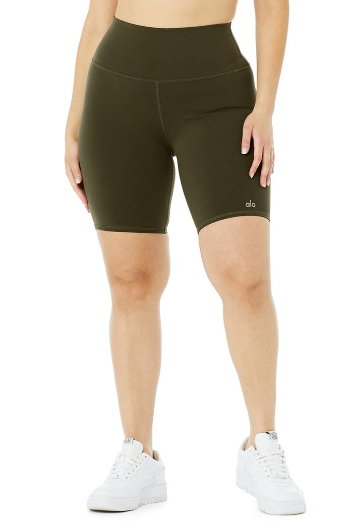 Short Alo Yoga High-Stanem Motocyklowe Damskie Ciemny Oliwkowe | QKUNO9371