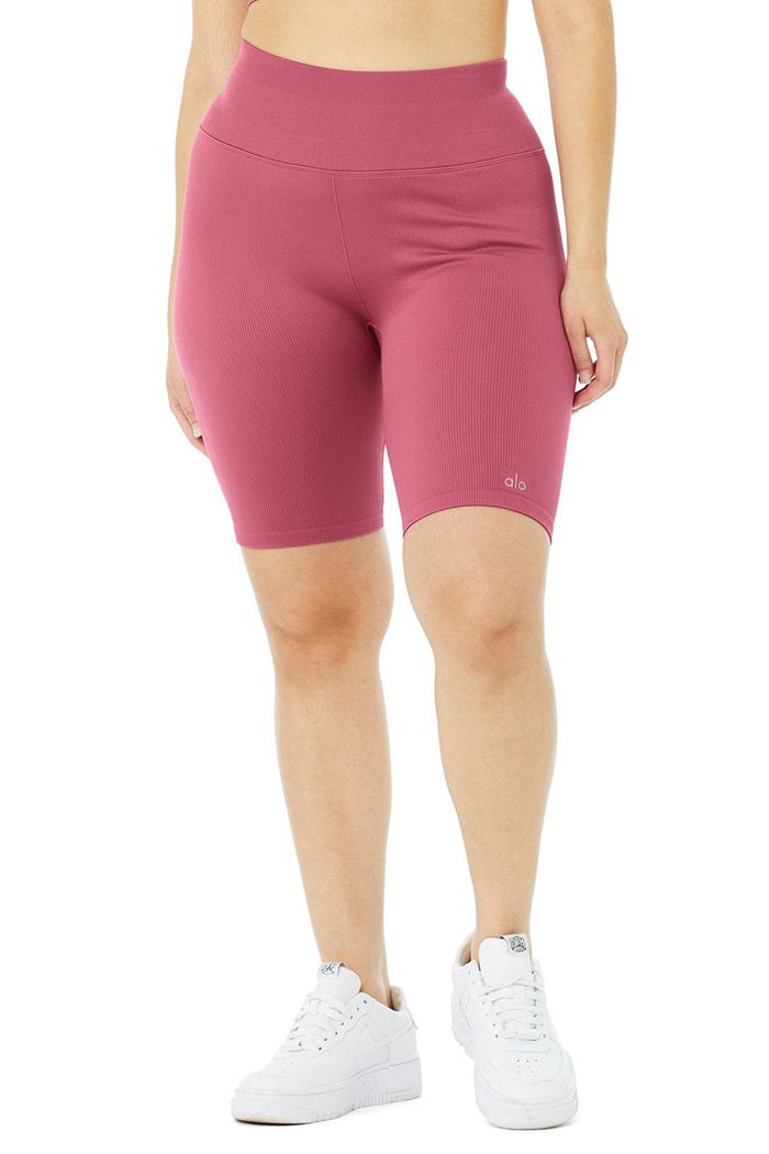 Short Alo Yoga Seamless High-Stanem Ribbed Motocyklowe Damskie Fioletowe | KMOWI2473