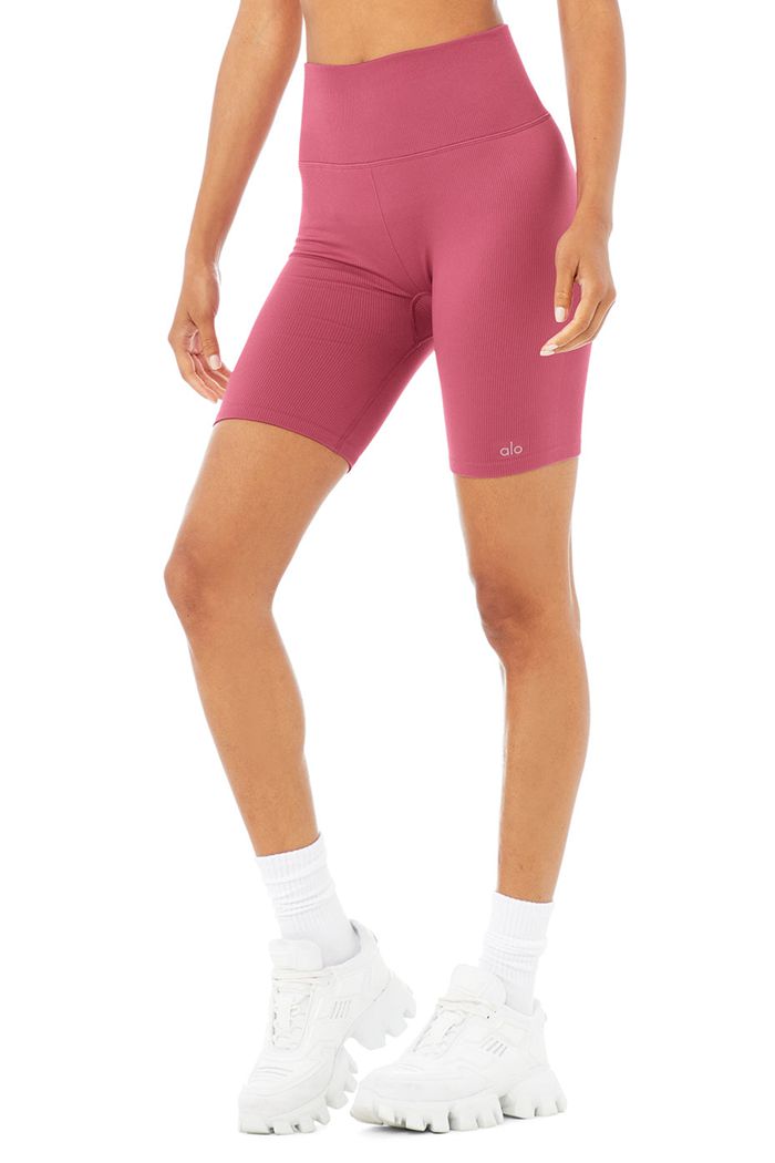 Short Alo Yoga Seamless High-Stanem Ribbed Motocyklowe Damskie Fioletowe | KMOWI2473