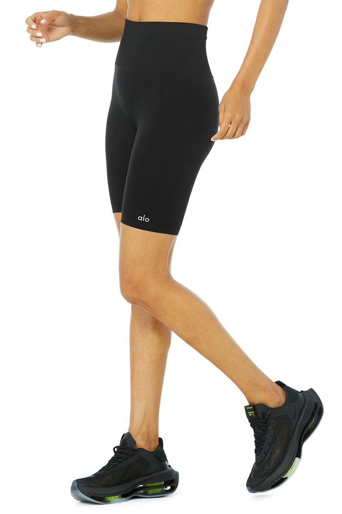 Short Alo Yoga Seamless High-Stanem Ribbed Motocyklowe Damskie Czarne | TYWGA9043