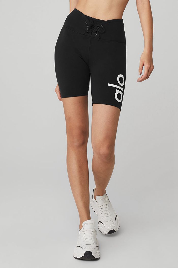 Short Alo Yoga Yogi Koronkowe Up Damskie Czarne Białe | AULIC3295