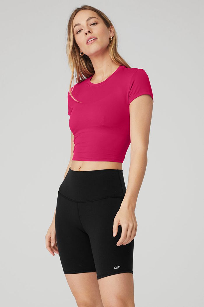 Short Sleeve Alo Yoga Alosoft Crop Finesse Damskie Czerwone | AZTKX7940