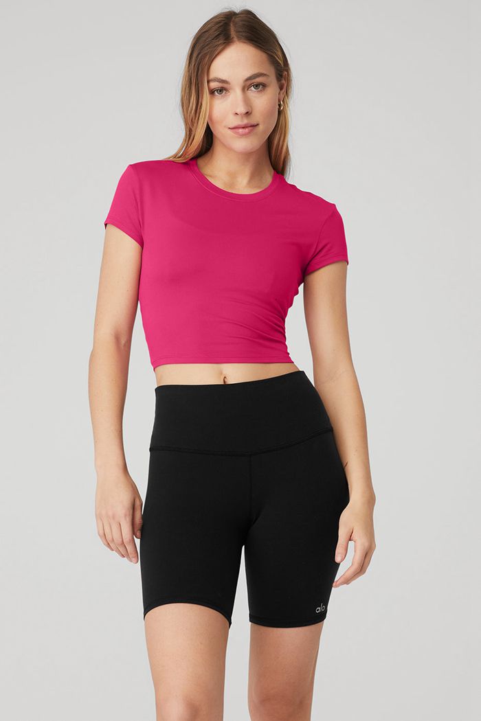 Short Sleeve Alo Yoga Alosoft Crop Finesse Damskie Czerwone | AZTKX7940