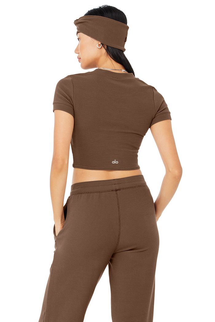 Short Sleeve Alo Yoga Micro Waffle Sierra Damskie Brązowe | QBIOM2390