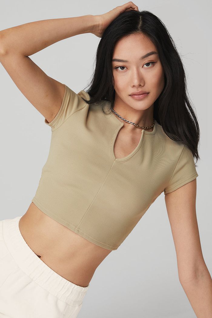 Short Sleeve Alo Yoga Ribbed Cropped Savvy Damskie Brązowe | AVESZ1430