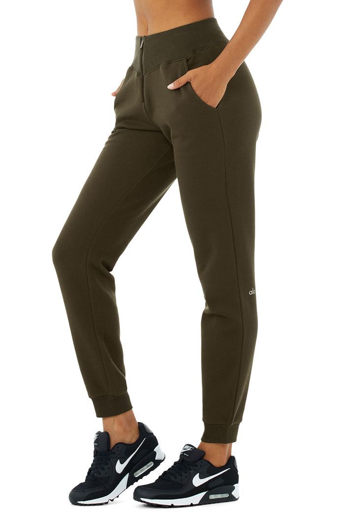 Spodnie Alo Yoga Slick Zip Front Sweat Damskie Ciemny Oliwkowe | POWYJ4218