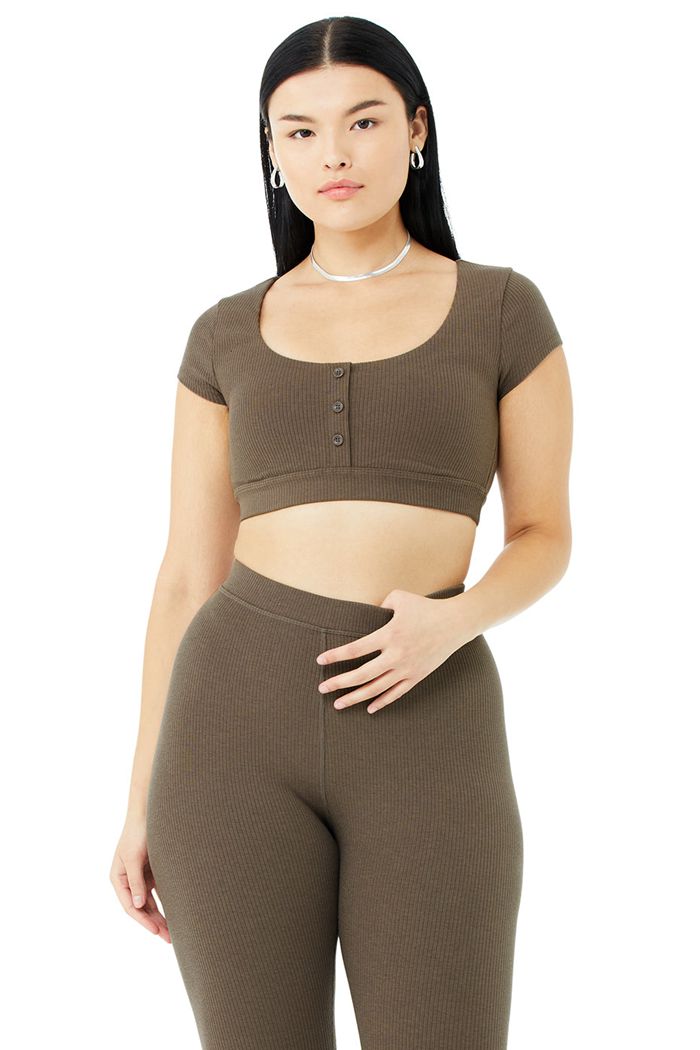 Staniki Alo Yoga Blissful Henley Damskie Brązowe | DVUPB6501