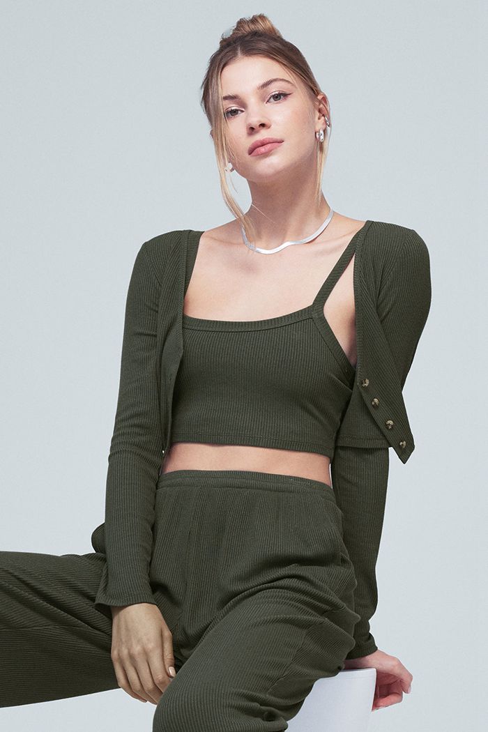 Staniki Alo Yoga Ribbed Crop Whisper Damskie Ciemny Zielone | LPVOU2735