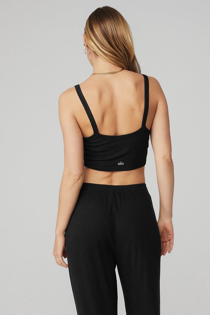 Staniki Alo Yoga Ribbed Crop Whisper Damskie Czarne | VWAHX7283