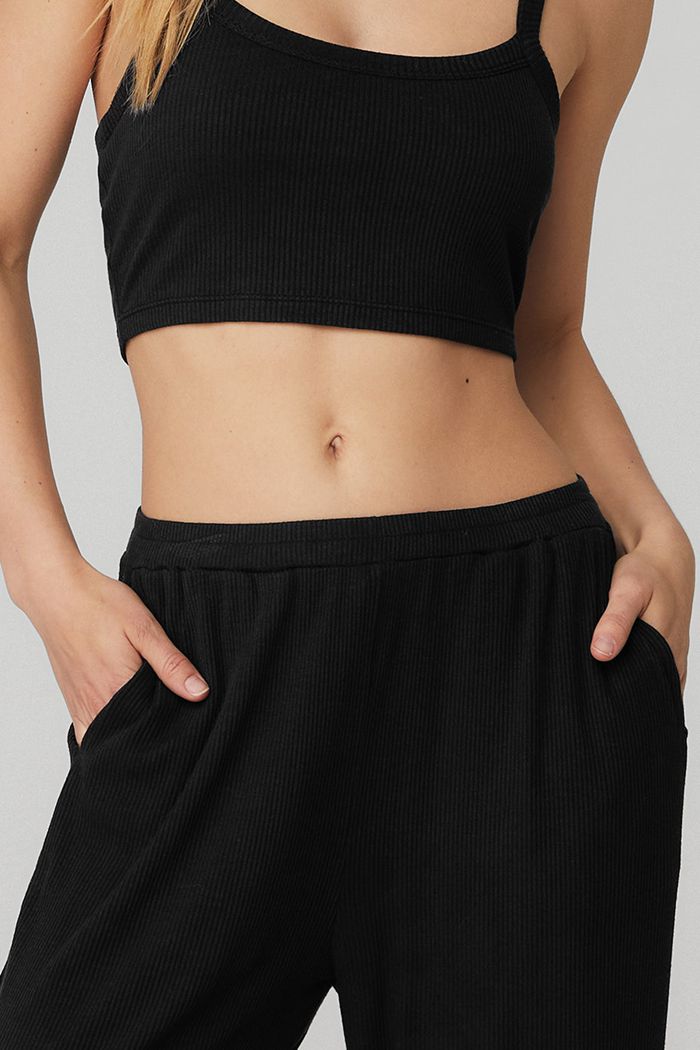 Staniki Alo Yoga Ribbed Crop Whisper Damskie Czarne | VWAHX7283