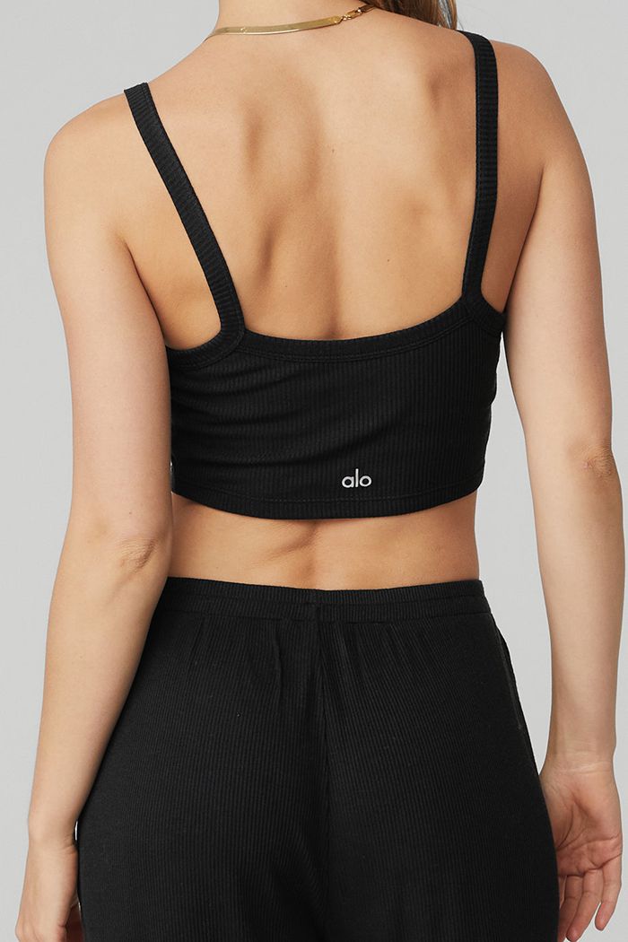 Staniki Alo Yoga Ribbed Crop Whisper Damskie Czarne | VWAHX7283