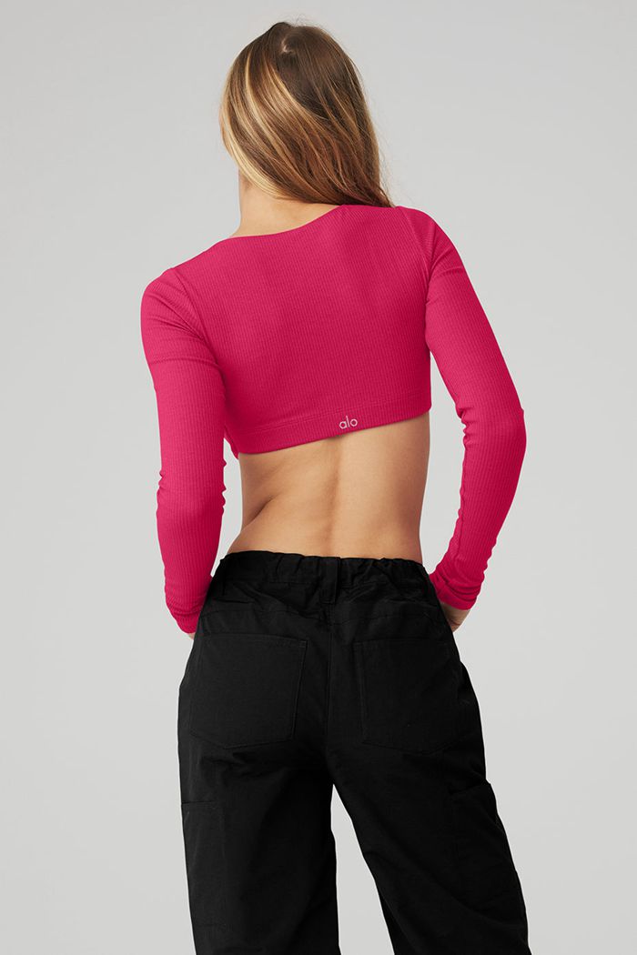 Staniki Alo Yoga Ribbed Defined Long Sleeve Damskie Czerwone | CLWXV2907