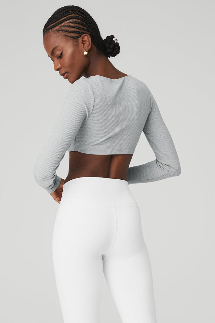 Staniki Alo Yoga Ribbed Defined Long Sleeve Damskie Szare | HQNGF8126