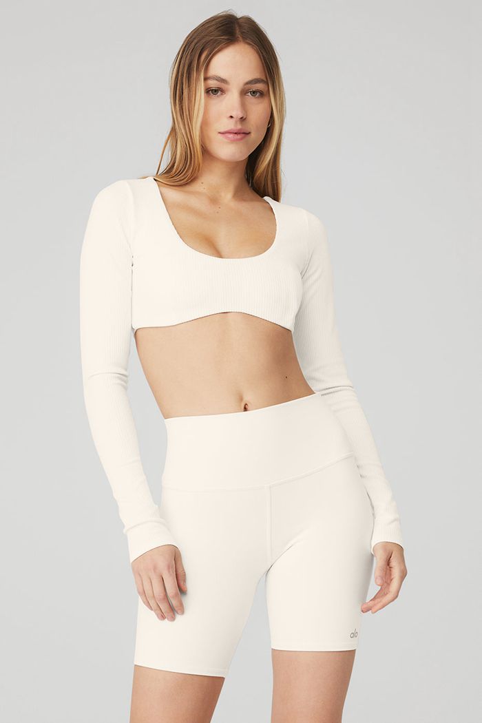 Staniki Alo Yoga Ribbed Defined Long Sleeve Damskie Białe | JAMRF6042