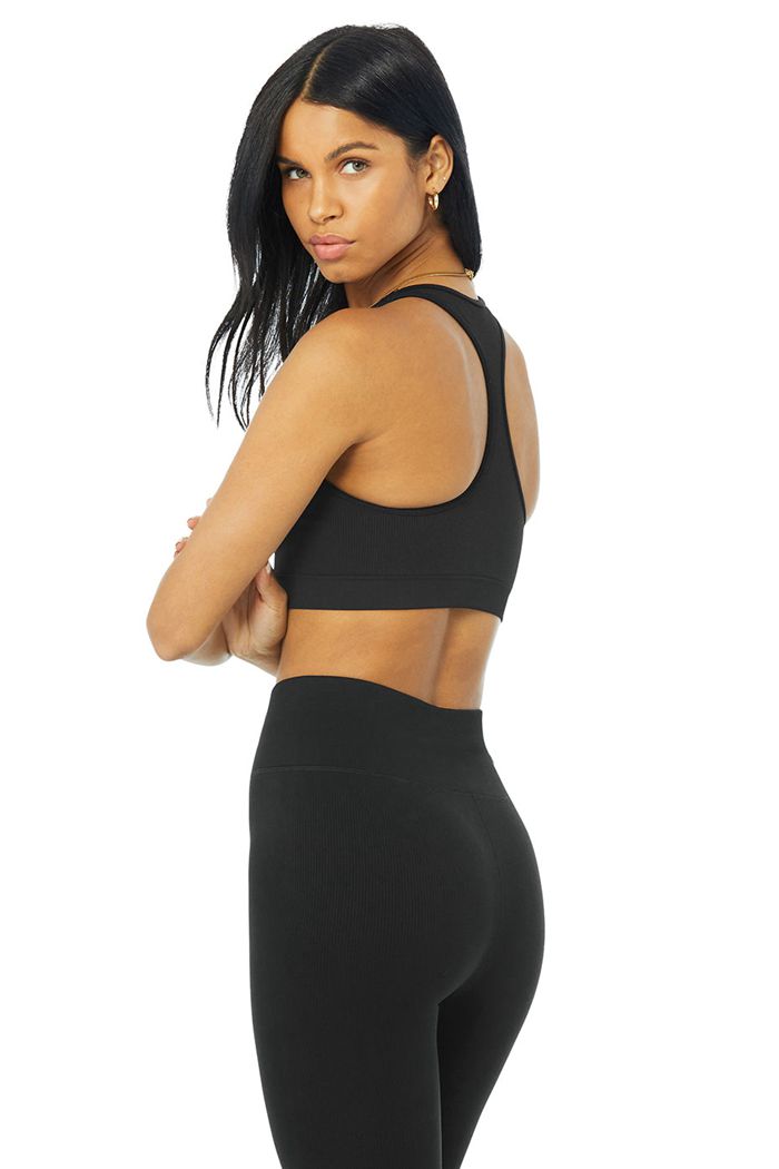 Staniki Alo Yoga Seamless Ribbed Damskie Czarne | HGJVU3796