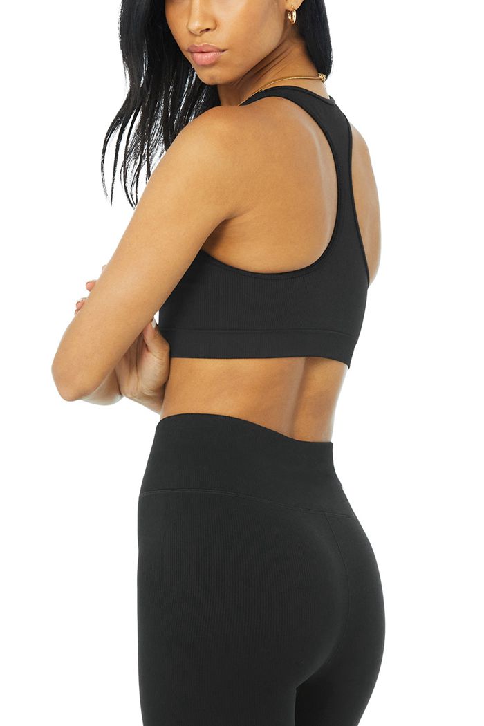 Staniki Alo Yoga Seamless Ribbed Damskie Czarne | HGJVU3796