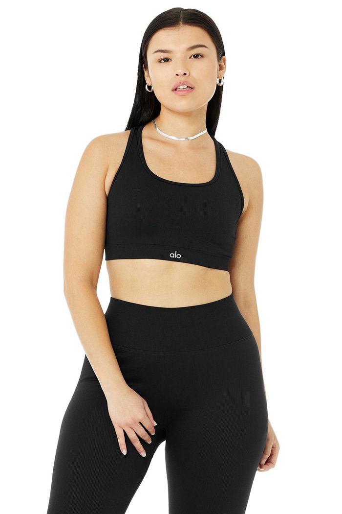 Staniki Alo Yoga Seamless Ribbed Damskie Czarne | HGJVU3796