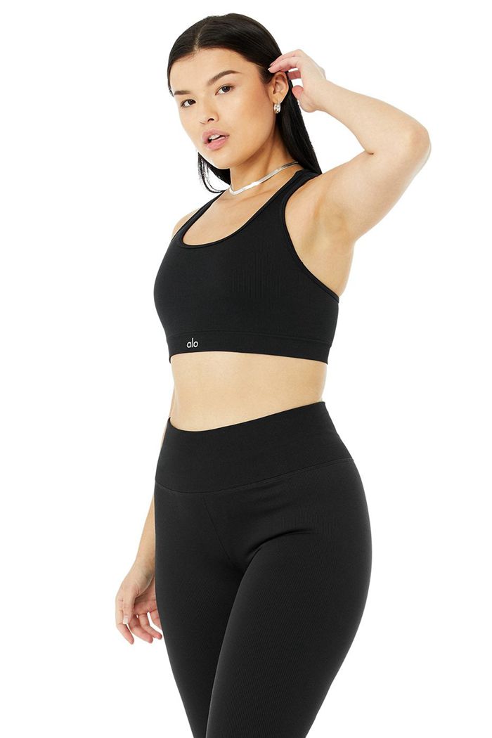 Staniki Alo Yoga Seamless Ribbed Damskie Czarne | HGJVU3796