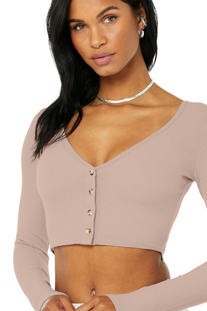 Sweter Rozpinany Alo Yoga Ribbed Cropped Whisper Damskie Różowe | IMOAE6371