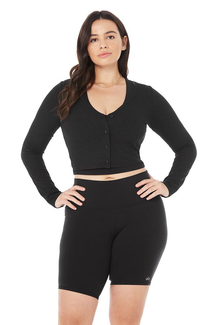 Sweter Rozpinany Alo Yoga Ribbed Cropped Whisper Damskie Czarne | NUCVG3590