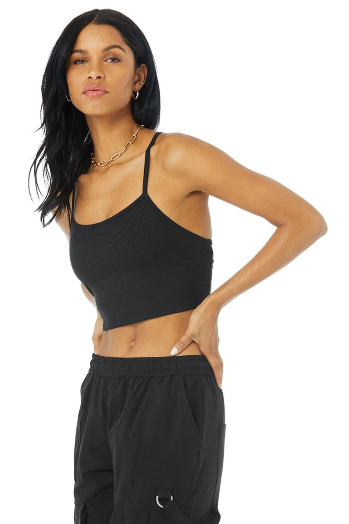 Tank Tops Alo Yoga Alosoft Ribbed Crop Calm Damskie Czarne | HJAWP5361