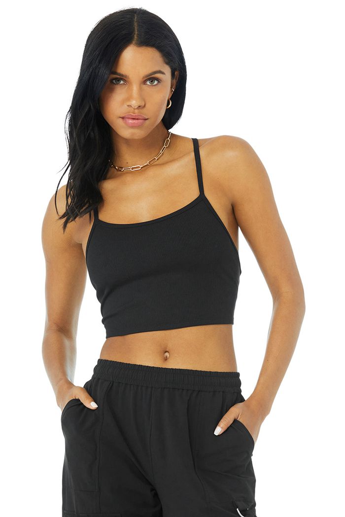 Tank Tops Alo Yoga Alosoft Ribbed Crop Calm Damskie Czarne | HJAWP5361